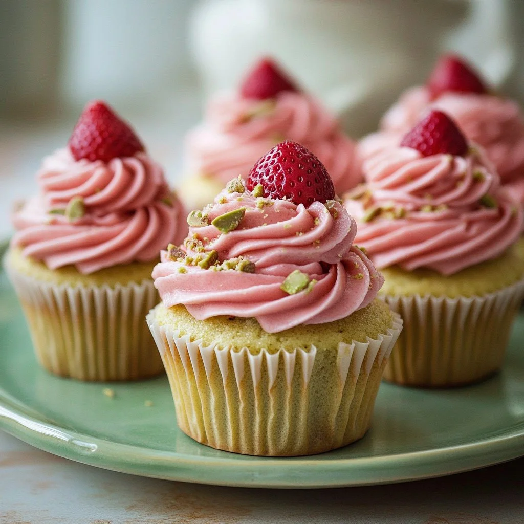 Pistachio Cupcakes with Strawberry Buttercream