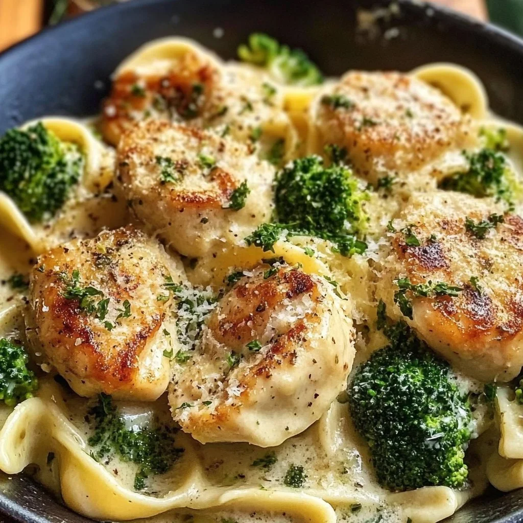 Creamy Garlic Parmesan Chicken Tortellini with Seared Chicken and Fresh Broccoli