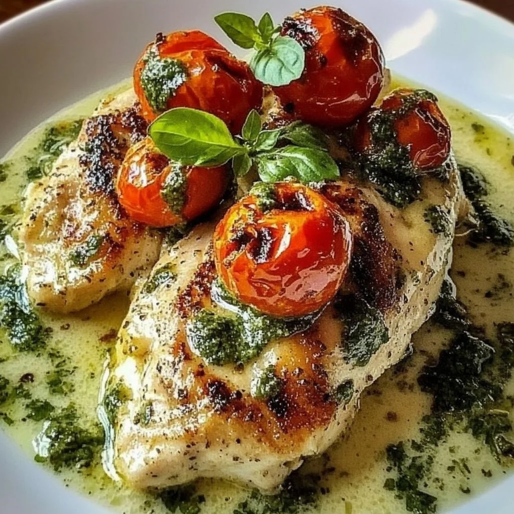 Creamy Pesto Chicken with Roasted Tomatoes