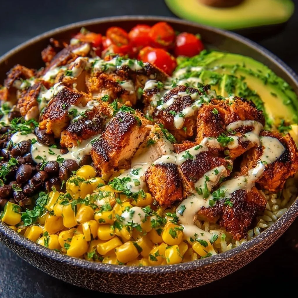 Chipotle Chicken Bowl with Black Beans, Corn, & Creamy Sauce