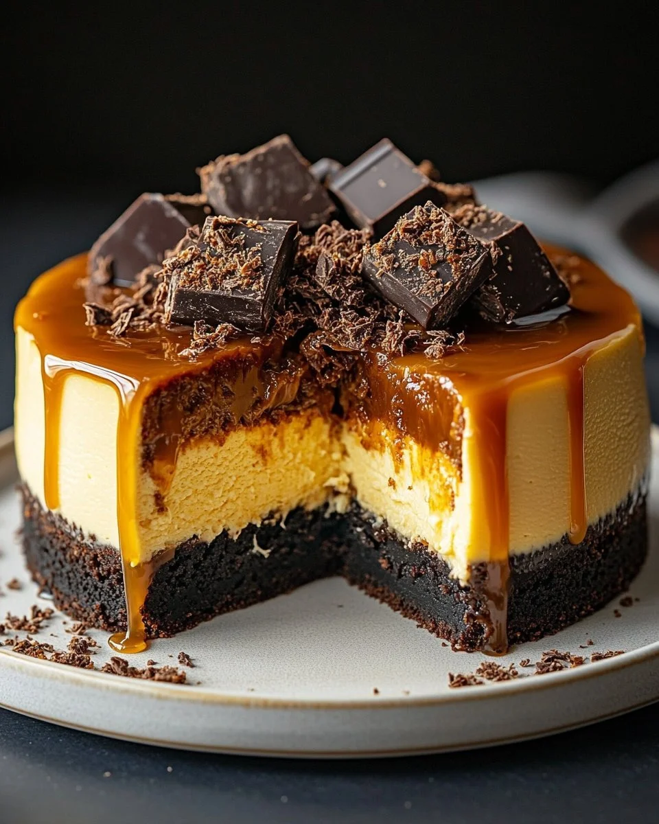 Layered Delight: Indulge in Caramel Brownie Cheesecake Bliss