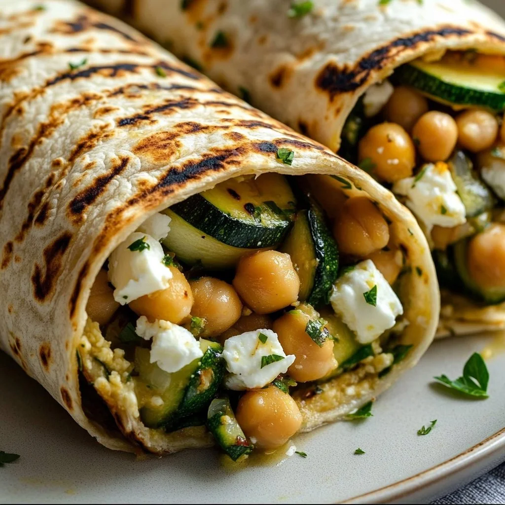 Grilled Zucchini Feta Chickpea Wrap with Herbed Yogurt