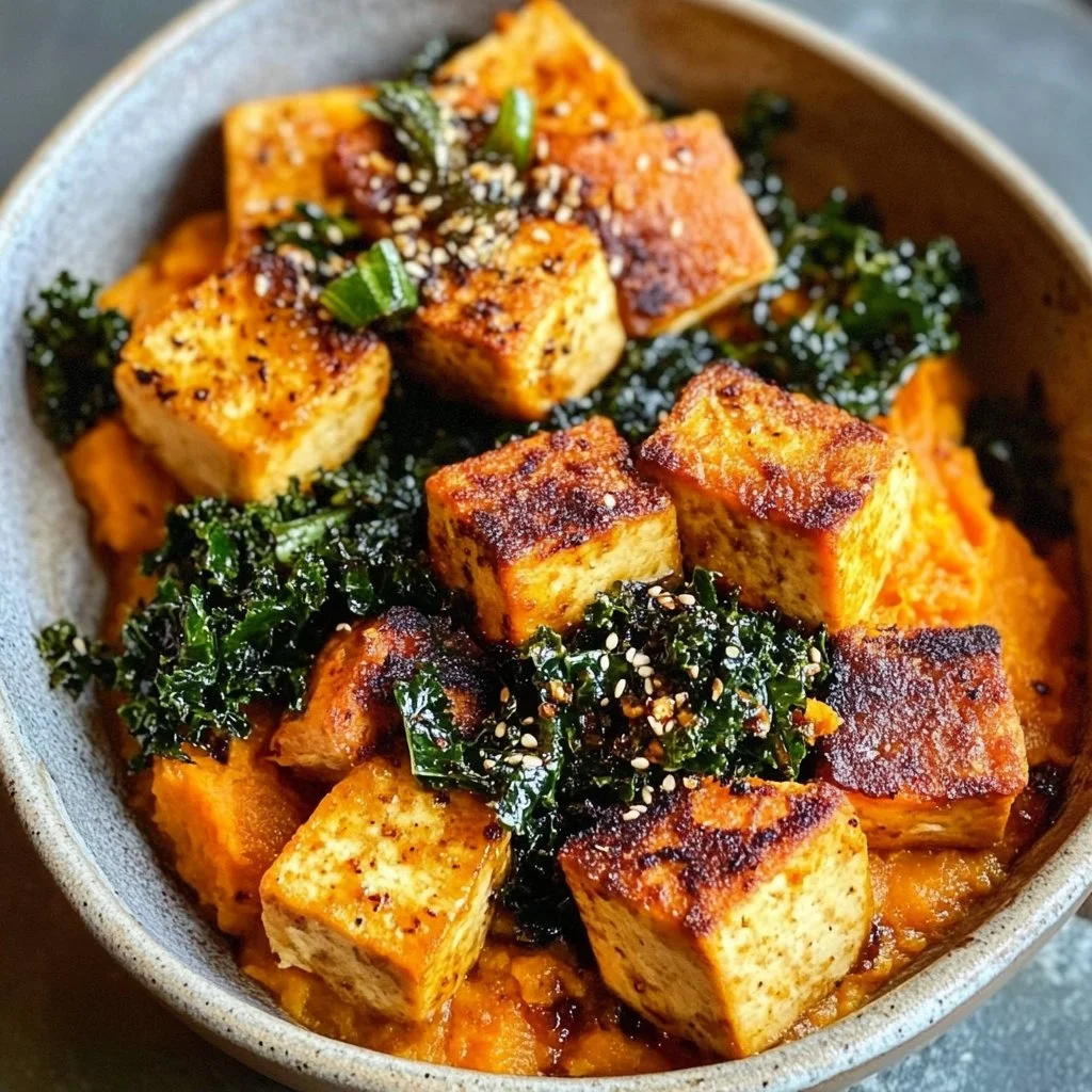 Maple Miso Sweet Potatoes with Cornmeal Tofu and Marinated Kale