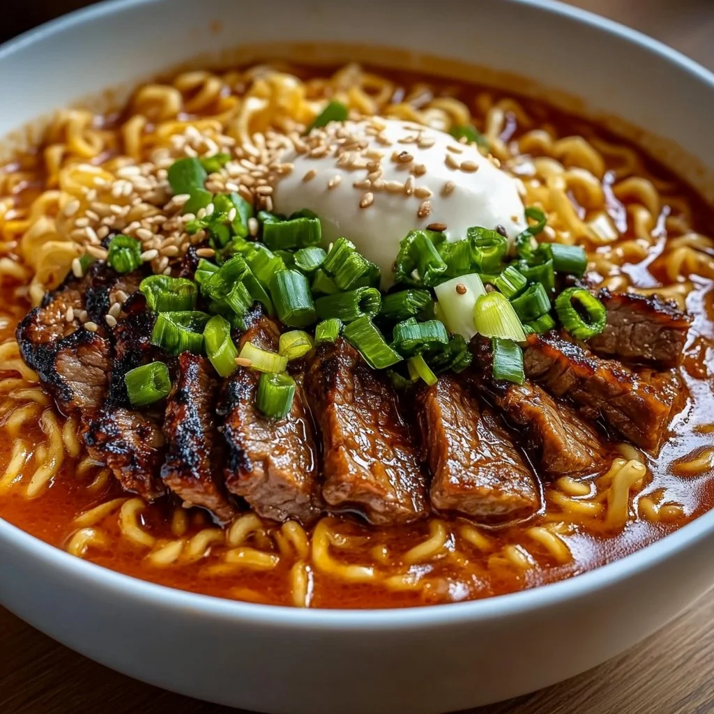 Spicy Korean Ramen with Grilled Beef Creamy Sauce